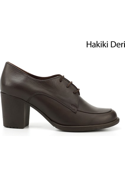 Kadın Kahve Antik Bağcıklı Orta Kalın Topuklu Hakiki Deri Oxford Ayakkabı