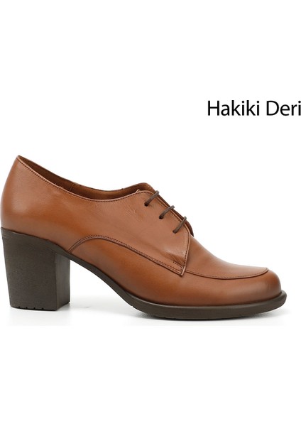 Gön Hakiki Deri Yuvarlak Burun Kalın Topuklu Kauçuk Taban Bağcıklı Kadın Ayakkabı 24071