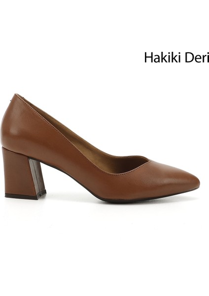 Kadın Taba Antik Sivri Burun Orta Kalın Topuklu Hakiki Deri Ayakkabı