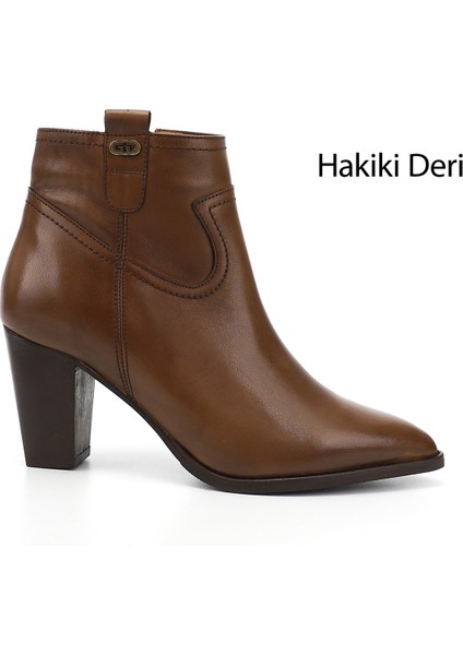 Kadın Taba Fermuarlı Sivri Burun Hakiki Deri Bot