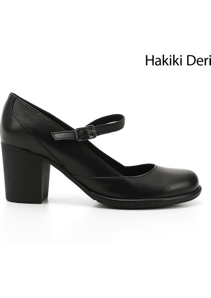 Gön Hakiki Deri Yuvarlak Burun Orta Topuklu Kauçuk Taban Kadın Ayakkabı 24136