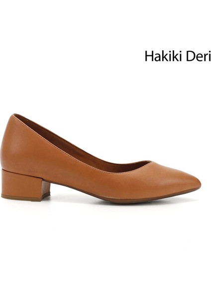 Kadın Açık Taba Kısa Kalın Topuklu Hakiki Deri Ayakkabı