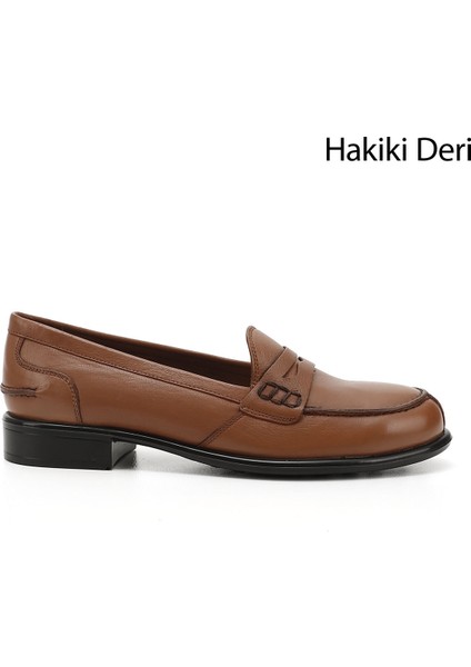 Gön Hakiki Deri Yuvarlak Burun Kısa Topuklu Loafer Kadın Günlük Ayakkabı 24138