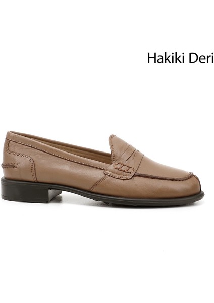 Gön Hakiki Deri Yuvarlak Burun Kısa Topuklu Loafer Kadın Günlük Ayakkabı 24138