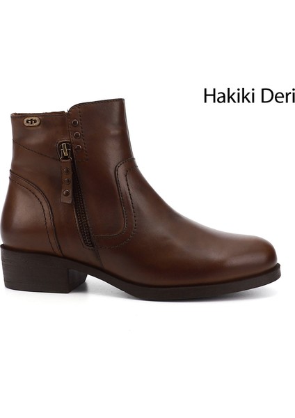 Gön Hakiki Deri Yuvarlak Burun Topuklu Fermuarlı Püsküllü Kadın Günlük Bot 47440
