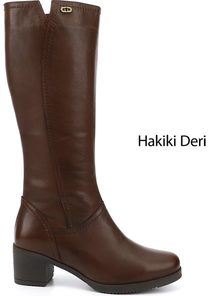 Gön Hakiki Deri Yuvarlak Burun Kauçuk Taban Topuklu Fermuarlı Kadın Günlük Çizme 46529