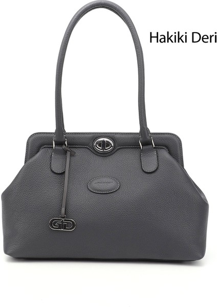 Kadın Gri Hakiki Deri El ve Omuz Çantası