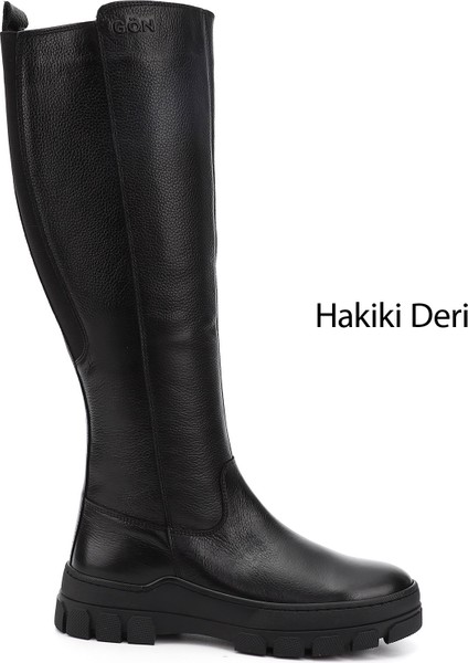 Kadın Siyah Fermuarlı Kauçuk Taban Hakiki Deri Çizme