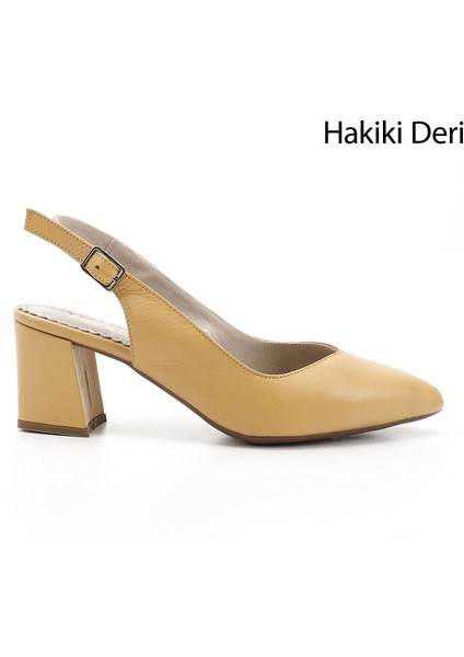 Gön Hakiki Deri Sivri Burun Kalın Topuklu Kadın Yazlık Ayakkabı 24118