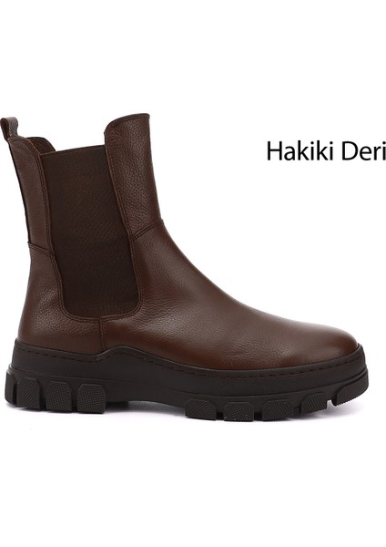 Kadın Kahve Kauçuk Taban Hakiki Deri Chelsea Bot