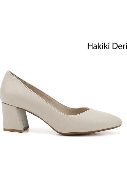 Kadın Bej Sivri Burun Orta Kalın Topuklu Hakiki Deri Ayakkabı