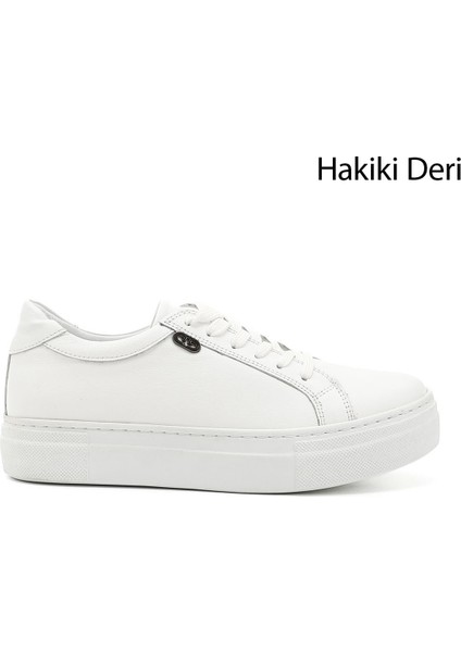 Gön Hakiki Deri Yuvarlak Burun Düz Taban Bağcıklı Kadın Sneaker 24240