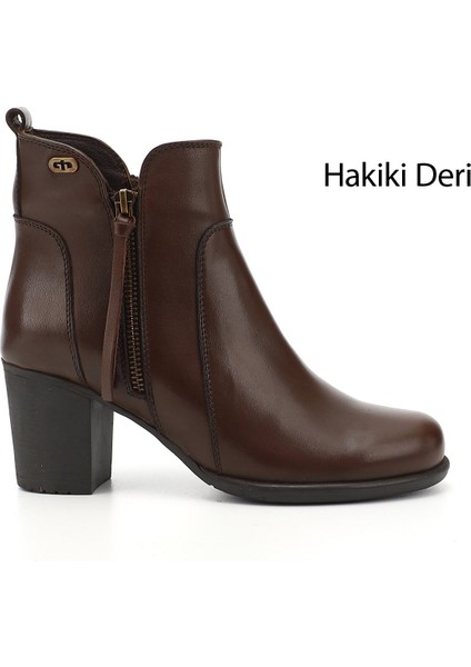 Kadın Kahve Antik Fermuarlı Kalın Topuklu Hakiki Deri Bot