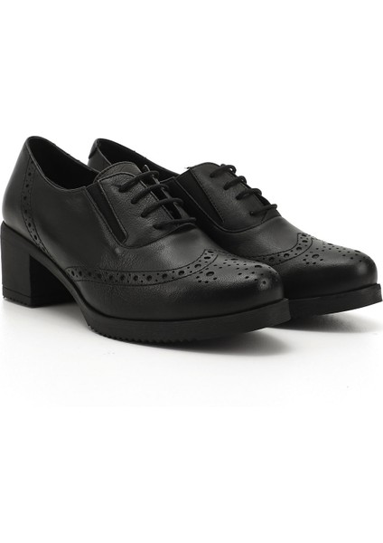 Kadın Siyah Bağcıklı Orta Kalın Topuklu Hakiki Deri Oxford Ayakkabı modelleri