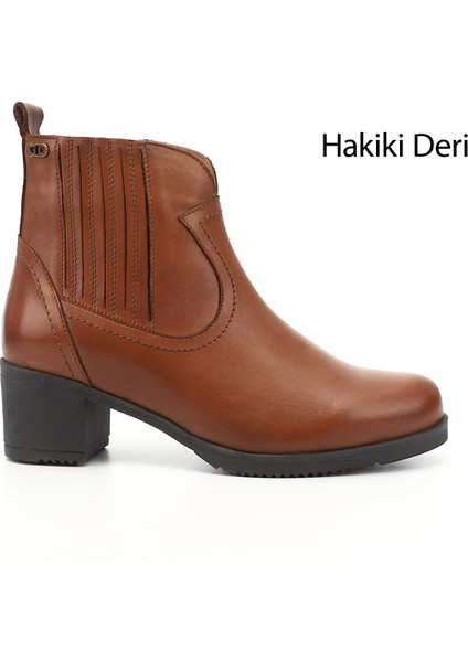 Kadın Taba Antik Fermuarlı Kalın Topuklu Hakiki Deri Bot
