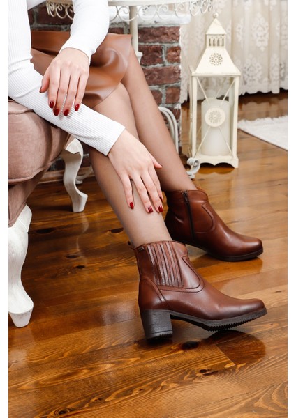 Kadın Taba Antik Fermuarlı Kalın Topuklu Hakiki Deri Bot fiyatları
