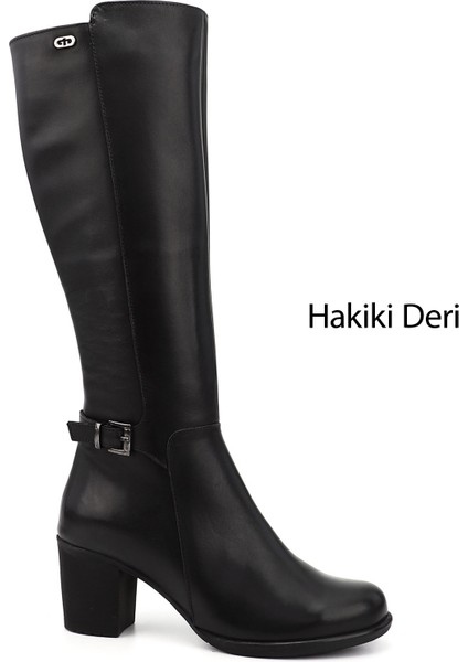 Gön Hakiki Deri Yuvarlak Burun Kauçuk Taban Topuklu Fermuarlı Tokalı Kadın Çizme 46501
