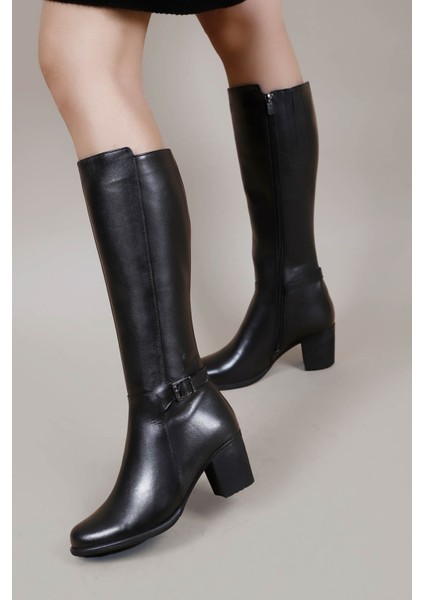 Gön Hakiki Deri Yuvarlak Burun Kauçuk Taban Topuklu Fermuarlı Tokalı Kadın Çizme 46501 fiyatları