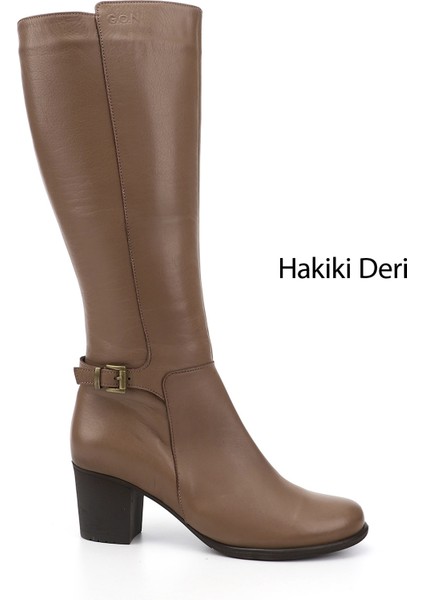 Gön Hakiki Deri Yuvarlak Burun Kauçuk Taban Topuklu Fermuarlı Tokalı Kadın Çizme 46501