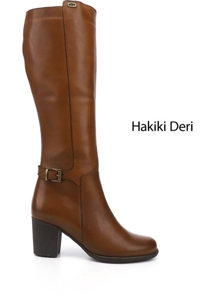 Kadın Taba Antik Fermuarlı Kalın Topuklu Hakiki Deri Çizme
