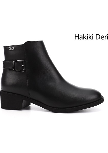 Kadın Siyah Fermuarlı Kalın Topuklu Hakiki Deri Bot