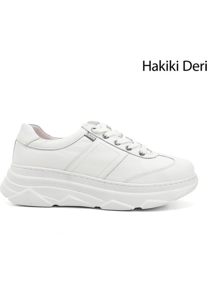 Kadın Beyaz Dolgu Taban Bağcıklı Hakiki Deri Sneaker