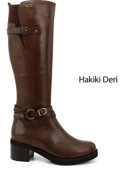 Gön Hakiki Deri Yuvarlak Burun Kauçuk Taban Topuklu Fermuarlı Tokalı Kadın Çizme 44562