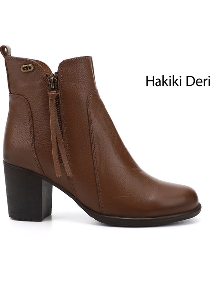 Gön Hakiki Deri Yuvarlak Burun Topuklu Kauçuk Taban Fermuarlı Püsküllü Kadın Bot 10406