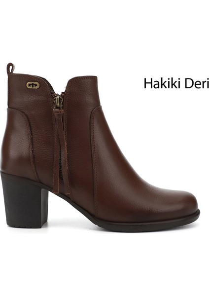 Gön Hakiki Deri Yuvarlak Burun Topuklu Kauçuk Taban Fermuarlı Püsküllü Kadın Bot 10406