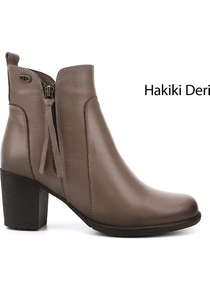 Gön Hakiki Deri Yuvarlak Burun Topuklu Kauçuk Taban Fermuarlı Püsküllü Kadın Bot 10406