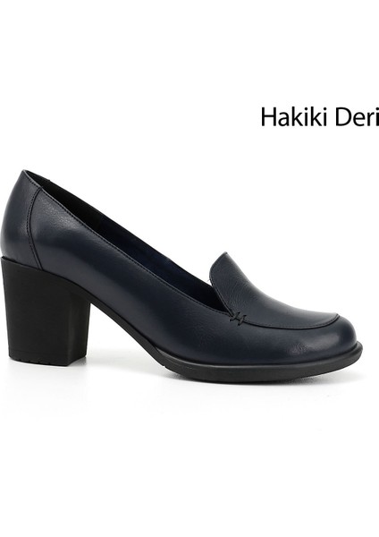 Kadın Antik Lacivert Orta Kalın Topuklu Hakiki Deri Ayakkabı