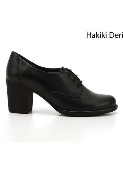 Kadın Siyah Bağcıklı Orta Kalın Topuklu Hakiki Deri Oxford Ayakkabı