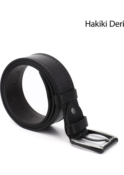 Erkek Siyah Hakiki Deri 4,5 Cm Dikişli Kot Kemeri