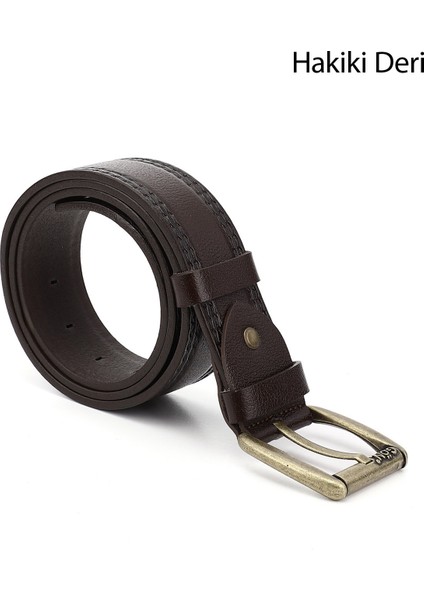 Erkek Kahve Antik Hakiki Deri 4,5 Cm Dikişli Kot Kemeri