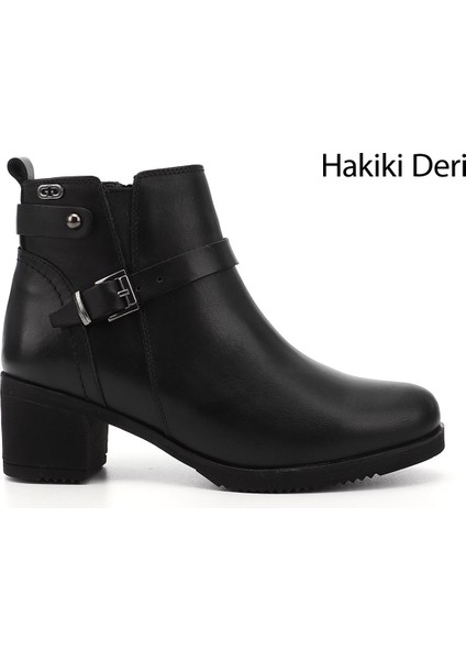 Gön Hakiki Deri Yuvarlak Burun Topuklu Fermuarlı Tokalı Kadın Günlük Bot 48491