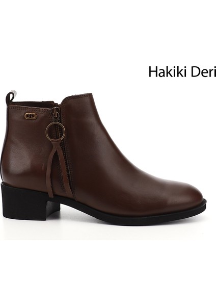 Gön Hakiki Deri Yuvarlak Burun Kauçuk Taban Topuklu Fermuarlı Püsküllü Kadın Bot 10416