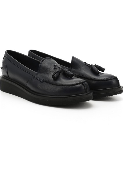 Kadın Antik Lacivert Dolgu Taban Hakiki Deri Loafer Ayakkabı modelleri