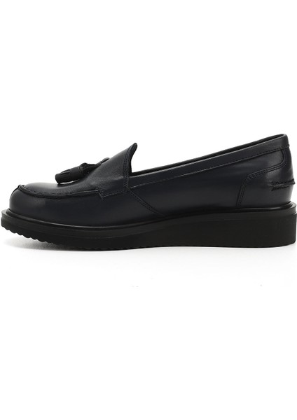 Kadın Antik Lacivert Dolgu Taban Hakiki Deri Loafer Ayakkabı fırsatları