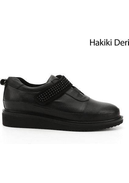 Kadın Siyah Dolgu Taban Taş Detaylı Hakiki Deri Ayakkabı