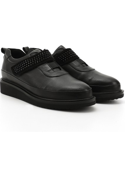 Kadın Siyah Dolgu Taban Taş Detaylı Hakiki Deri Ayakkabı modelleri