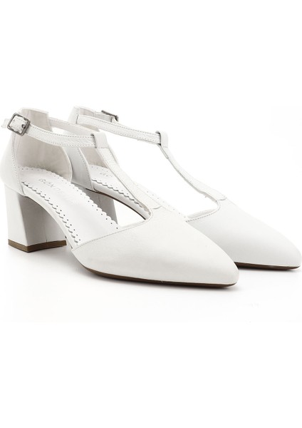 Kadın Beyaz Bilekten Bağlı Orta Topuklu Hakiki Deri Ayakkabı modelleri