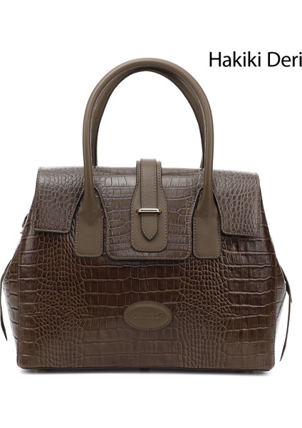 Kadın Koyu Vizon Hakiki Deri El ve Omuz Çantası