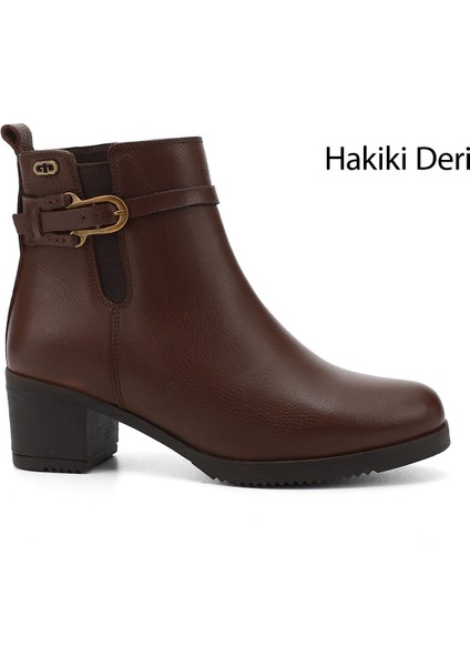 Kadın Kahve Fermuarlı Kalın Topuklu Hakiki Deri Bot