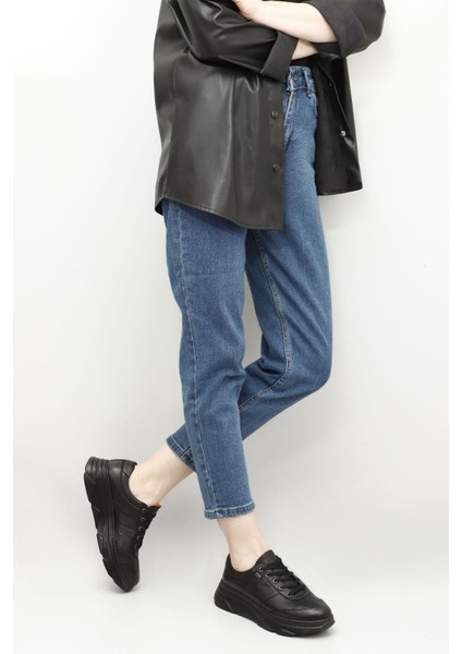 Kadın Siyah Dolgu Taban Bağcıklı Hakiki Deri Sneaker fiyatları