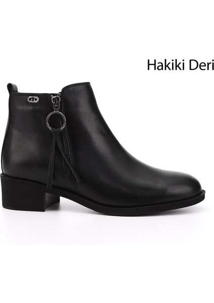 Gön Hakiki Deri Yuvarlak Burun Kauçuk Taban Topuklu Fermuarlı Püsküllü Kadın Bot 10416