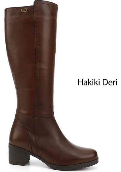 Kadın Kahve Antik Fermuarlı Kalın Topuklu Hakiki Deri Çizme