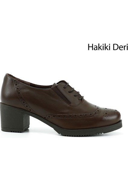 Gön Hakiki Deri Yuvarlak Burun Orta Topuklu Kauçuk Taban Bağcıklı Kadın Ayakkabı 24231