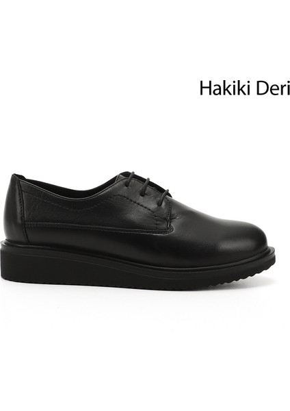 Kadın Siyah Bağcıklı Dolgu Taban Hakiki Deri Ayakkabı