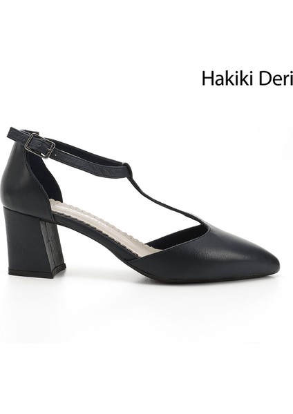 Kadın Antik Lacivert Bilekten Bağlı Orta Topuklu Hakiki Deri Ayakkabı