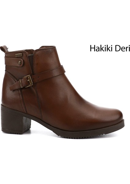 Gön Hakiki Deri Yuvarlak Burun Topuklu Fermuarlı Tokalı Kadın Günlük Bot 48491